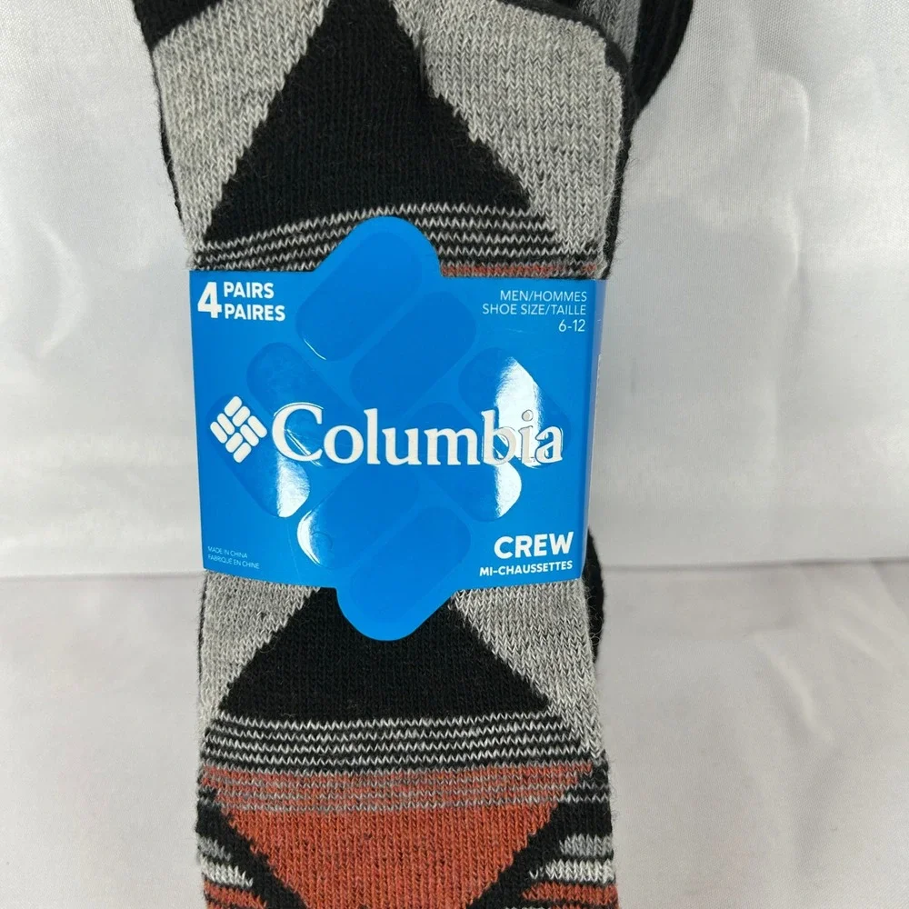 Columbia Mens Crew Socks 4 Pairs Wool Blend Geometric Striped Black Grey 6-12